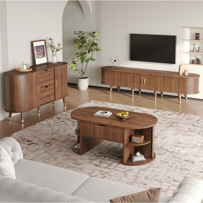 MEUBLIV Ensemble de salon 3 pièces noyer meuble TV table basse relevable et buffet à portes coulissantes