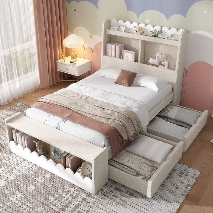 Lit Enfant 90 x 200 cm Avec 2 Tiroirs Étagères De Rangement Banc Coffre Sommier À Lattes En Bois Massif MDF Blanc Et Chêne Clair