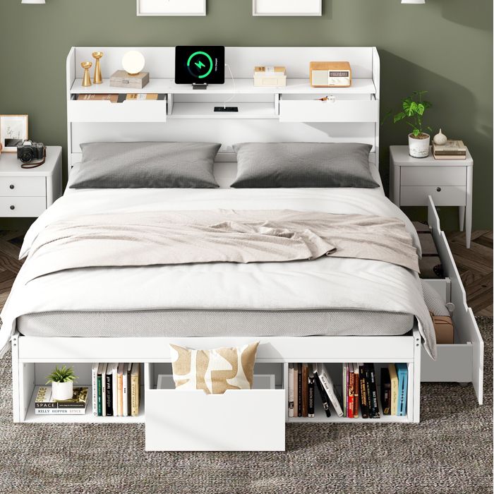 WOVREO lit double 160 x 200 cm avec rangements USB et USB-C sommier a lattes inclus blanc