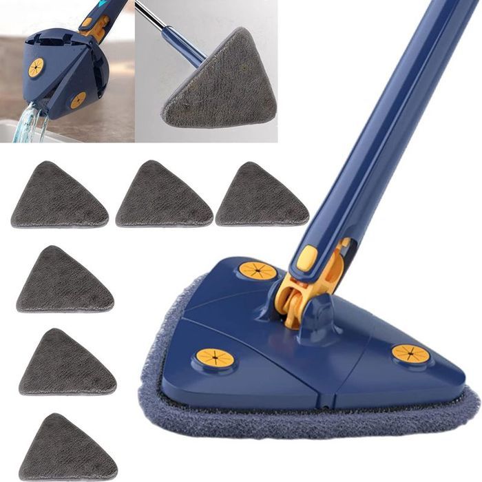 Vadrouille triangulaire télescopique - Rotation 360 degrés Inclut 6 tampons - Nettoyage sol - Bleu
