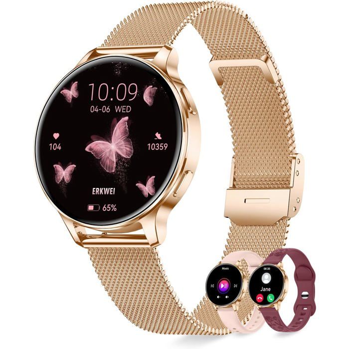 Montre Connectée Femme Ronde Avec Appel Bluetooth 3 Bracelets 41Mm Petite Montre Podometre Smartwatch Avec Fréquence Cardiaq[WW516]
