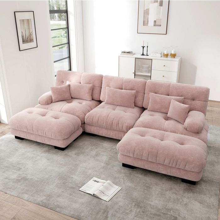 Canapé panoramique en U 3 places modulable assise profonde - ELVMI - avec 2 ottomans mobiles chenille rose