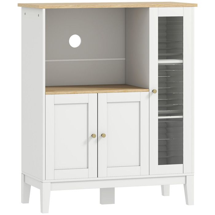LIA Meuble armoire micro-ondes pour cuisine avec 1 niche 3 portes passe-câbles 80 x 35 x 97 cm blanc et aspect bois