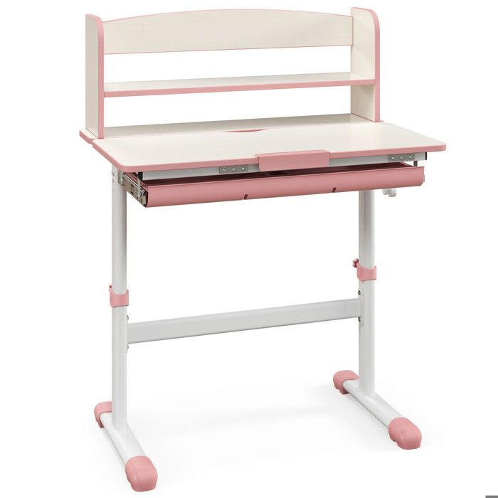 Design rose bureau enfant réglable en hauteur avec plateau inclinable tiroir et étagère pour étude à la maison