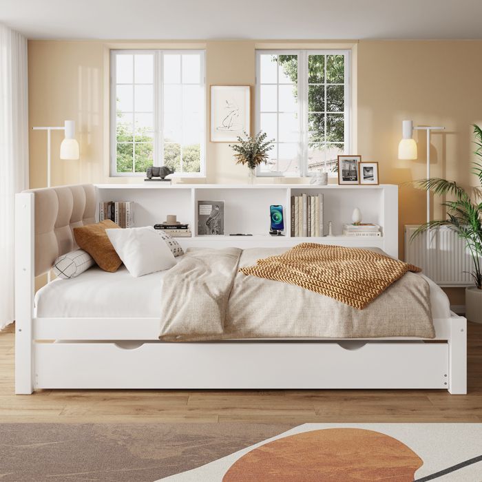 Daybed 90x200 cm Blanc Pin et MDF avec lit escamotable LED et USB