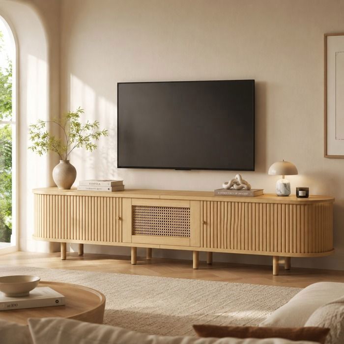 Meuble TV Bois Clair 180 cm avec Portes Coulissantes Tiroir Effet Rotin Plateau Ovale et Pieds Réglables