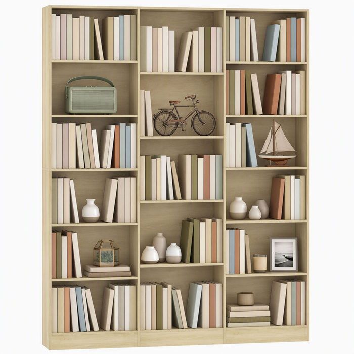 Bibliothèque - HOMCOM - 6 niveaux - 17 compartiments - étagères réglables - bois - 149 x 23 6 x 188 cm - chêne