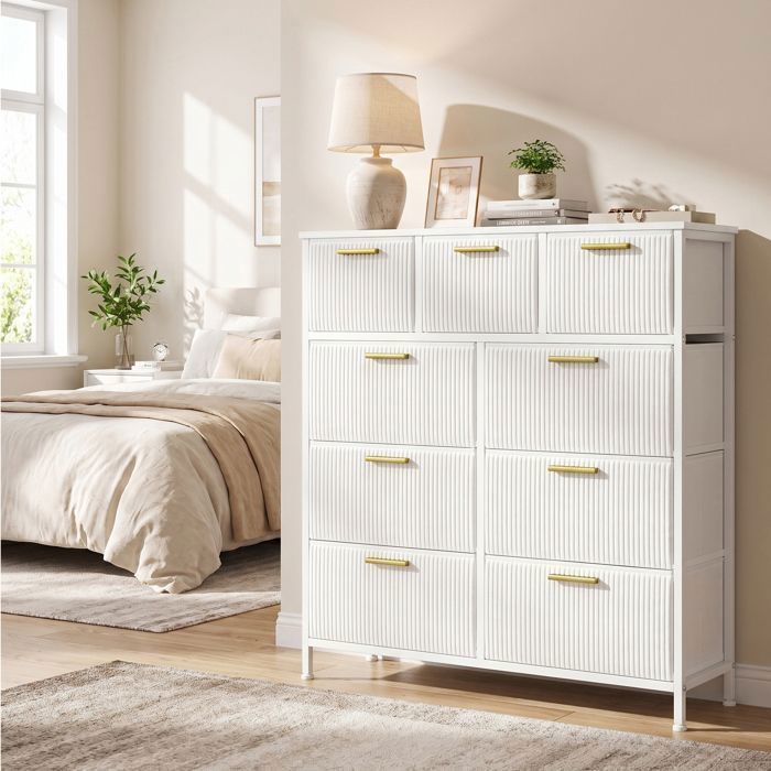 Commode de Chambre 9 Tiroirs Meuble de Rangement en Velours Côtelé 98 7 x 30 x 96 2 cm Blanc neige Commode de Chambre 9 Tiroirs Meuble de Rangement en Velours Côtelé 98 7 x 30 x 96 2 cm Blanc neige