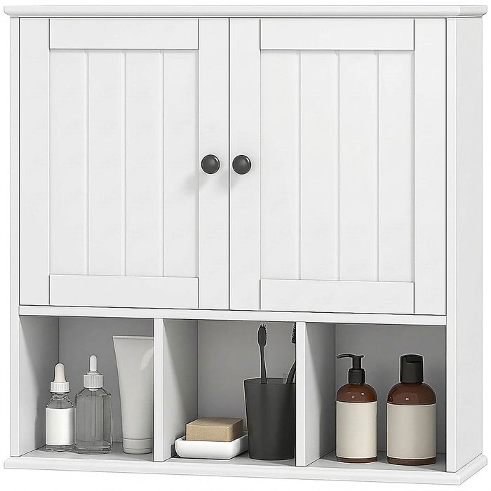 Meuble Haut de Salle de Bain - Armoire Murale 2 Portes 3 Niches Étagère Réglable - 60 x 19 5 x 60 cm - Blanc
