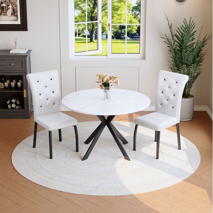 MEUVYX Table de Salle à Manger Ronde avec 2 Chaises Blanches Plateau Effet Marbre Blanc Piètement en Métal Noir