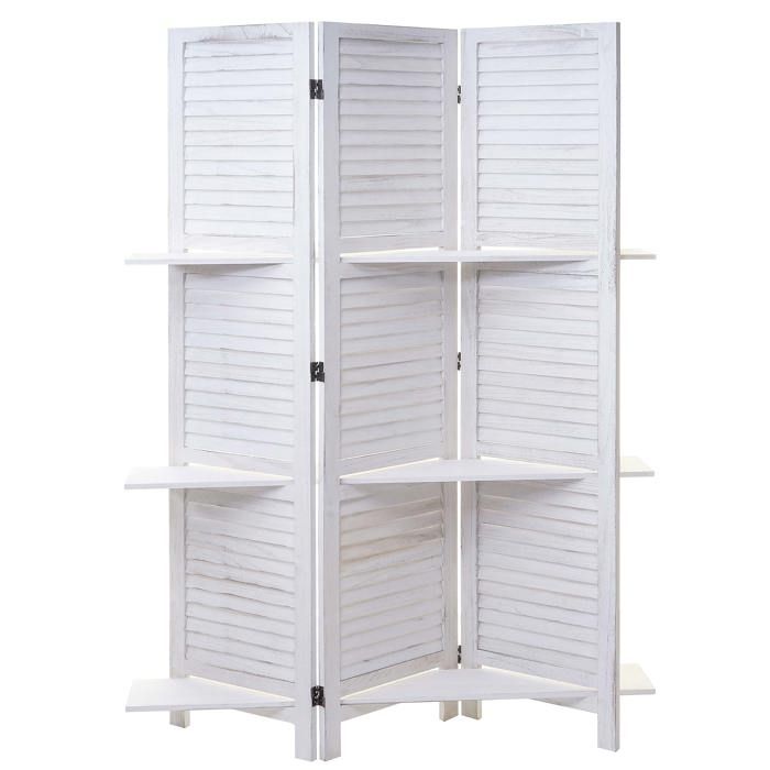 Paravent cloison de separation 3 panneaux avec etageres 170x125cm aspect shabby en bois blanc 04_0003952