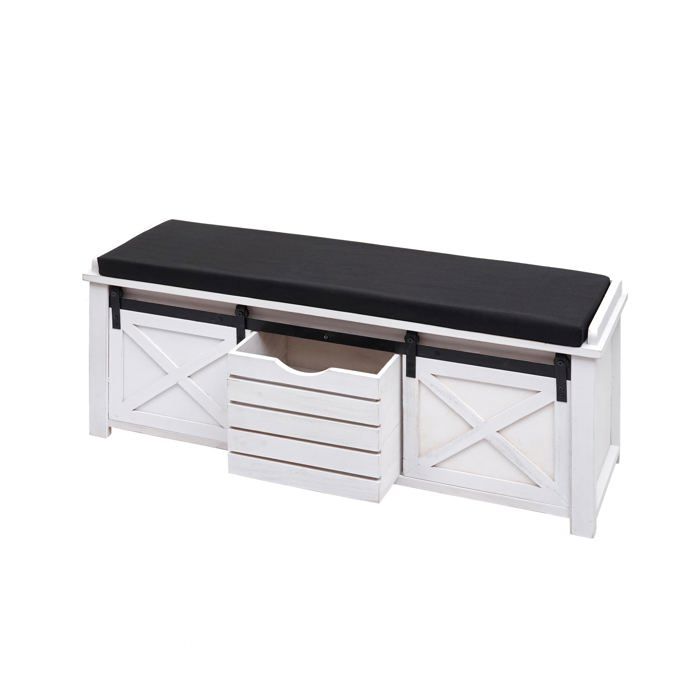 Banc avec compartiments de rangement banquette rembourree en bois massif aspect vintage 43x102x33cm blanc 04_0001094 Banc avec compartiments de rangement banquette rembourree en bois massif aspect vintage 43x102x33cm blanc 04_0001094