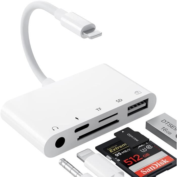 Adaptateur Lecteur Carte SD pour iPhone, Adaptateur 5 en 1 avec Transfert  Données USB + Casque Jack 3,5mm Adaptateur + [109] - Cdiscount Informatique