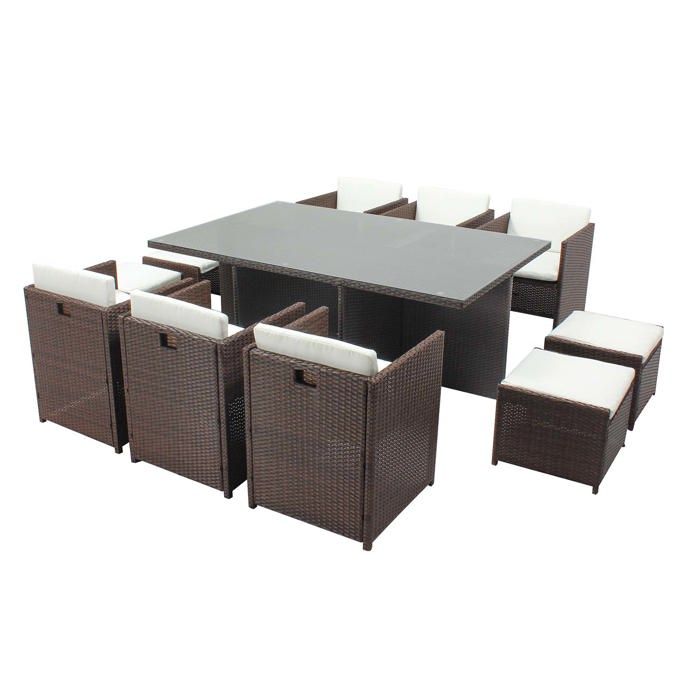MIAMI 10 - Salon de jardin encastrable 10 places fauteuils et poufs en résine tressée marron et blanc MIAMI 10 - Salon de jardin encastrable 10 places fauteuils et poufs en résine tressée marron et blanc