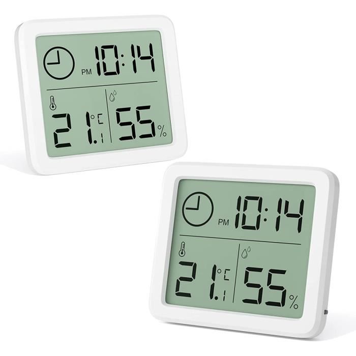 2 Pièces Mini Thermometre Interieur Numérique, Hygrometre Portable  Professionnel Grand Écran Avec Horloge, Thermomètre Blanc [H663]