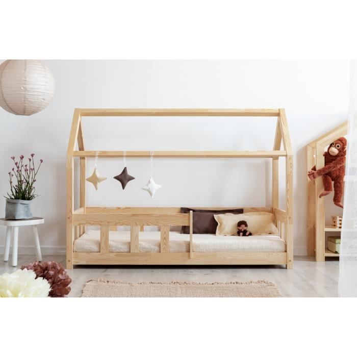 Lit enfant 140 x 200 cm - MMBP - Cabane en bois naturel - Sommier à lattes  - Avec tiroirs - Cdiscount Maison