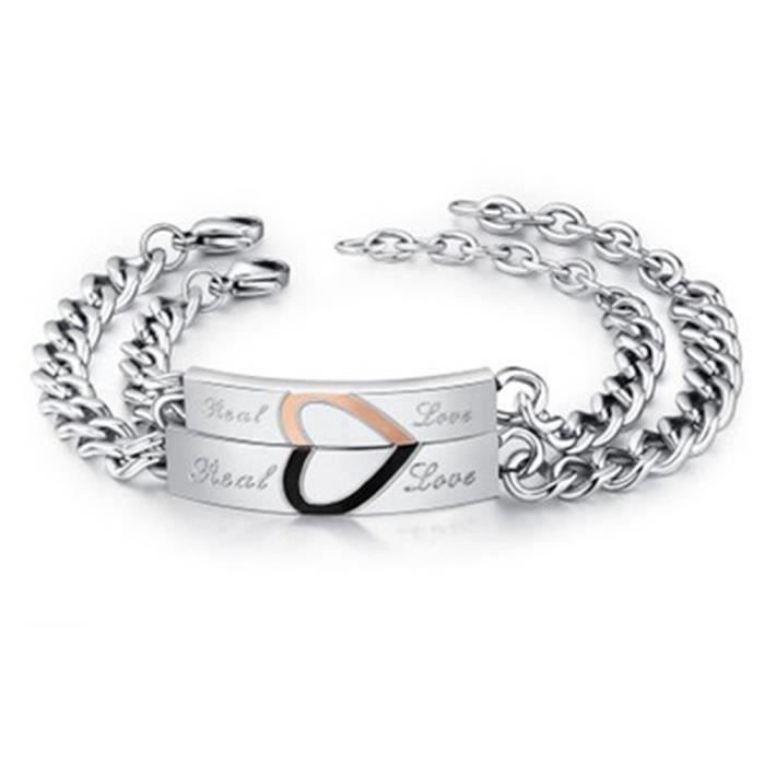 harajuku 1 paire bracelet couple "real love" acier au titane bijoux pour femmes, hommes cadeau unique pour l'amour