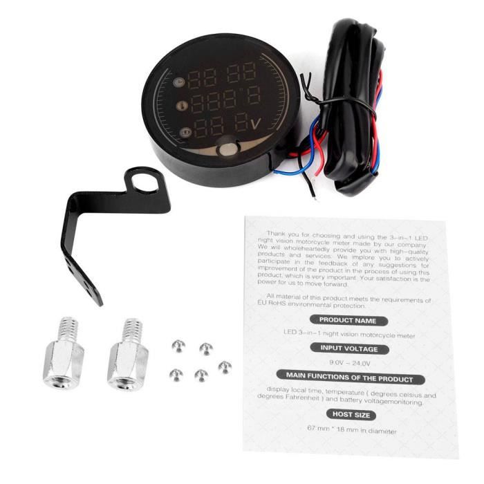 Horloge numérique pour moto et voiture, DC 6V-30V, 3 en 1, voltmètre de tension , testeur étanche IP67, jauge de moniteur de batterie  34