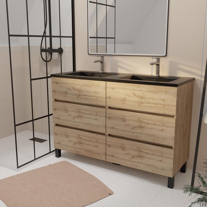 Meuble de salle de bains 120 cm 6 Tiroirs Chêne Naturel + Vasque Double Céramique Noire - TIMBER