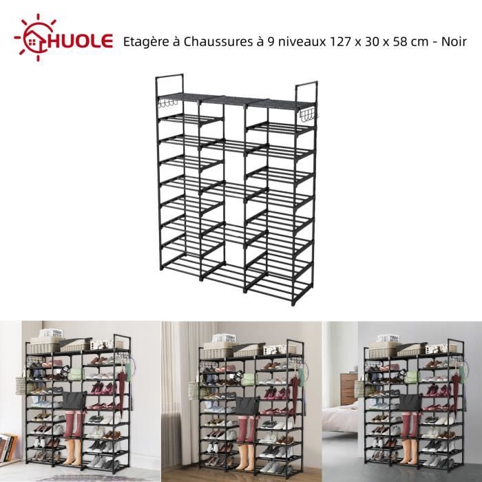 Meuble à Chaussures - HUOLE - 9 étagères - 16 Paires - Métal - Noir