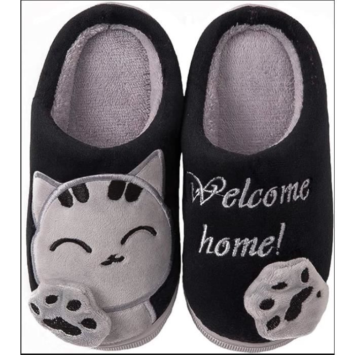 Chaussons Chat Peluche Hiver - Pantoufles Douces Antidérapantes - Taille 38 Gris - Pour Intérieur/extérieur - 3