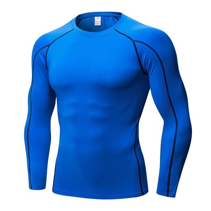 T Shirt Compression Homme de Sport ZEWOW Manches Longues Bleu