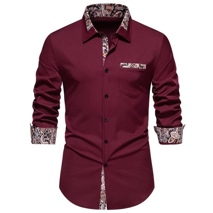 Chemise Homme Manches Longues Slim avez Poches Bicolore Fashion Bordeaux