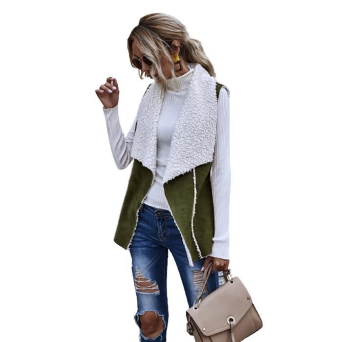 Gilet en laine d agneau sans manches a gros revers pour femme Type Army green Blanc Cdiscount Pret a Porter