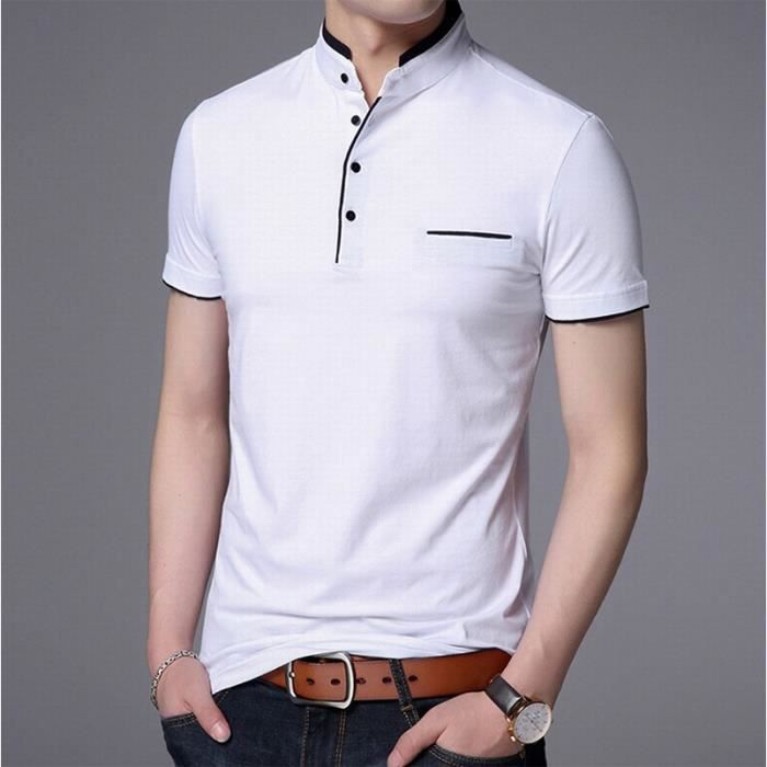 Col montant homme été POLO coton t-shirt à manches courtes polo décontracté taille plus slim XS-3XL Blanc