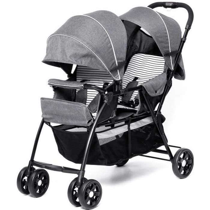 Poussette Double Bébé Enfants Combinée Tandem Jumeaux Gris