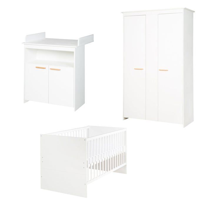 ROBA Chambre B&eacute;b&eacute; Compl&egrave;te - Lit &Eacute;volutif 70 x 140 + Commode &agrave; Langer + Armoire 3 Portes - Blanc