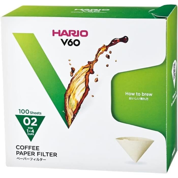 100 Filtres à Café Papier Hario V60 02 - Pour Cafetière Filtre 1-4 Tasses, Fabriqué Au Japon
