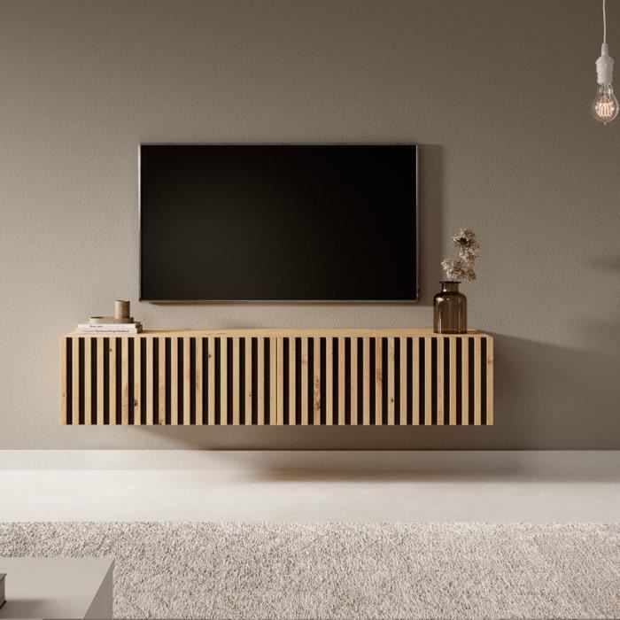 Meuble TV - TELIRE - 140 cm en chêne artisan avec façade fraisée et inserts noirs