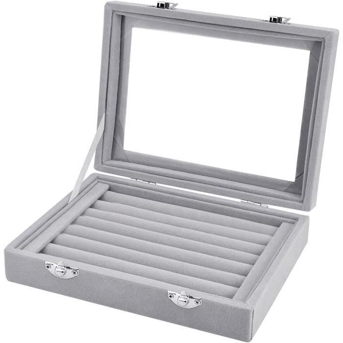Boîte à Bijoux Verrouillable En Velours Gris Avec 9 Grilles - Organiseur Bagues Et Boucles D'Oreilles