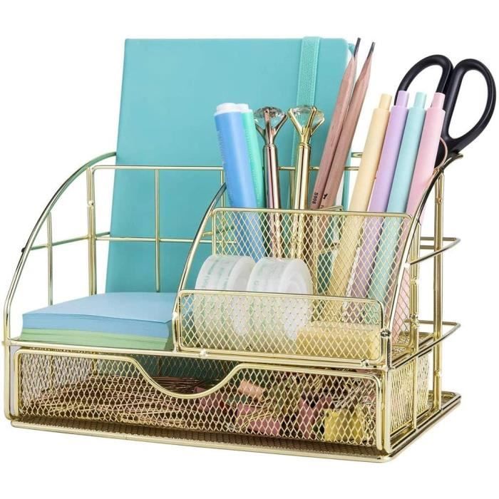 Organiseur Bureau Métal Maille Avec Tiroir - 8 Compartiments + Tiroir, Rangement Stylos, Fournitures