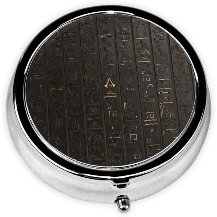 Mini Pilulier Rond En Métal Plaqué Hiéroglyphe Égyptien Antique Avec 3