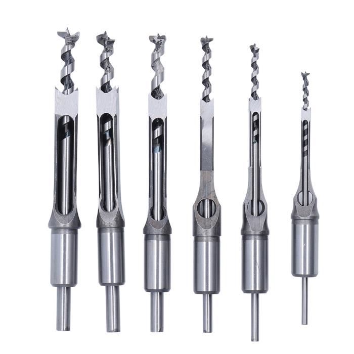 Lot de 6 forets carrés pour le travail du bois,Foret trou carré 6pcs Foret Mèche à Bois en Acier