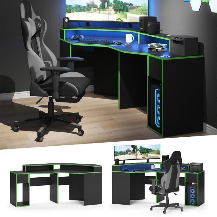 Vicco Ensemble de mobilier informatique Kron noir vert Bureau d'angle Bureau d'ordinateur 70 x 60 cm Armoire informatique Tiroir