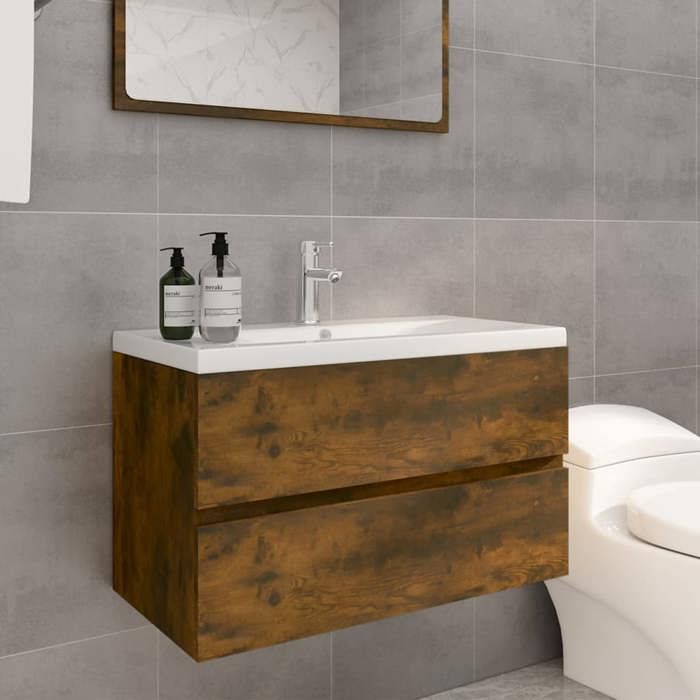 vidaXL Meuble Lavabo avec Bassin Intégré Armoire de Salle de Bain Meuble de Rangement de Salle dEau Intérieur Chêne Fumé 3120342