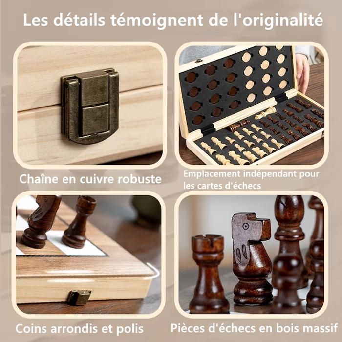 Jeu D'échecs 2 En 1 Magnétique En Bois Pliable - Damier Et échecs, Rangement Intégré, Voyage, 39x39 Cm