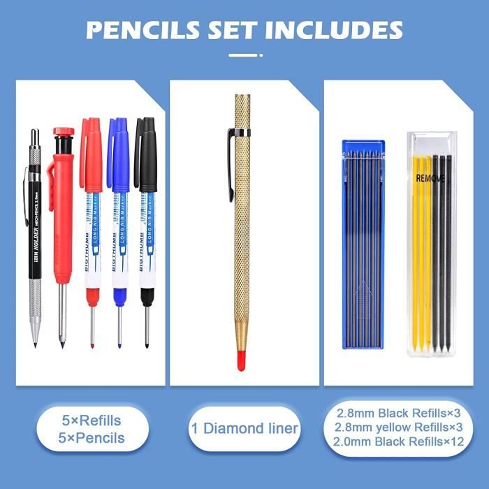 Marqueur trous profonds,Crayons de charpentier, crayon de chantier, marqueur  de perage, taille-crayon intgr avec