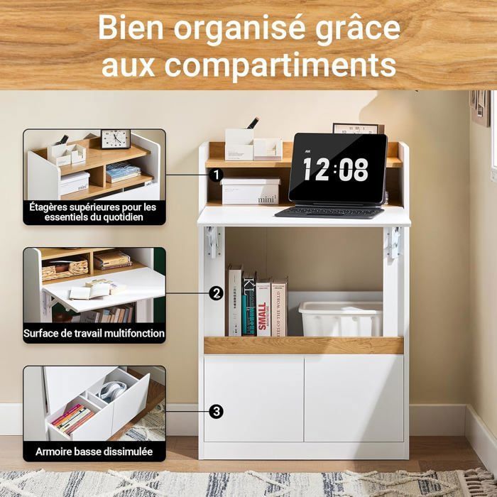 COSTWAY Bureau Pliable Avec 3 Tiroirs, Table D'Ordinateur Roues Verrouillables, Bureau à Domicile Roulant Avec Cadre En Métal, Compact Pour Dortoir, Appartement (Blanc
