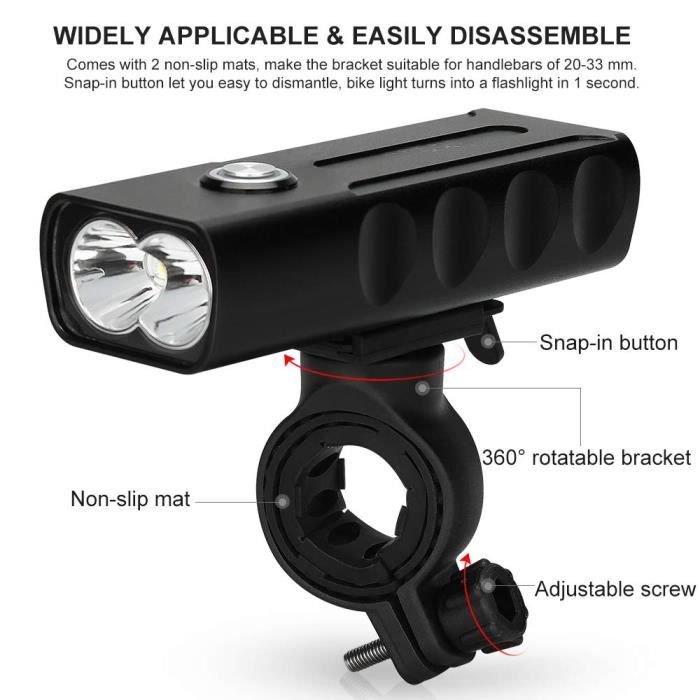 Lampe Avant Vélo LED 1200 Lumens USB Rechargeable - Étanche, Aluminium, 3 Modes