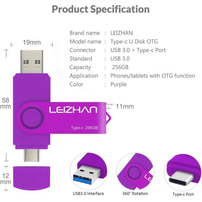 Clé USB - LEIZHAN - 256 Go - USB 3.0 - Type C - Compatible Huawei ...