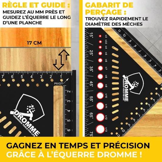 5 en 1 Equerre Menuisier 180 mm - Inclus Crayon Chantier - Multifonction  Trusquin / Raporteur / Gabarit de percage / Equerre - Cdiscount Bricolage