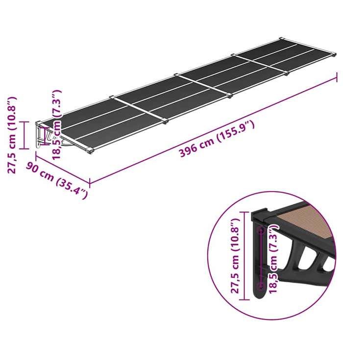 VidaXL Auvent De Porte 400x75cm Noir Transparent - Marquise Protection Pluie UV Polycarbonate Avec Barres