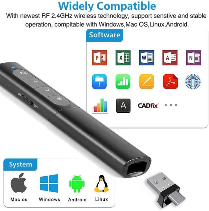 Télécommande PowerPoint Sans Fil 2.4GHz – Cliqueur Présentation Avec Pointeur Laser, Contrôle Volume, Hyperlien – Portée 100m Pour PC, Mac, PowerPoint, Keynote