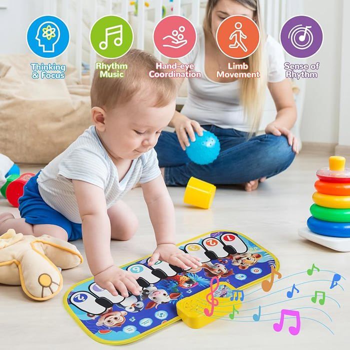 LEAZZLE Tapis Piano Musical Bébé – Tapis De Danse 8 Instruments + Sons Animaux – Jouet Éducatif 1-3 Ans