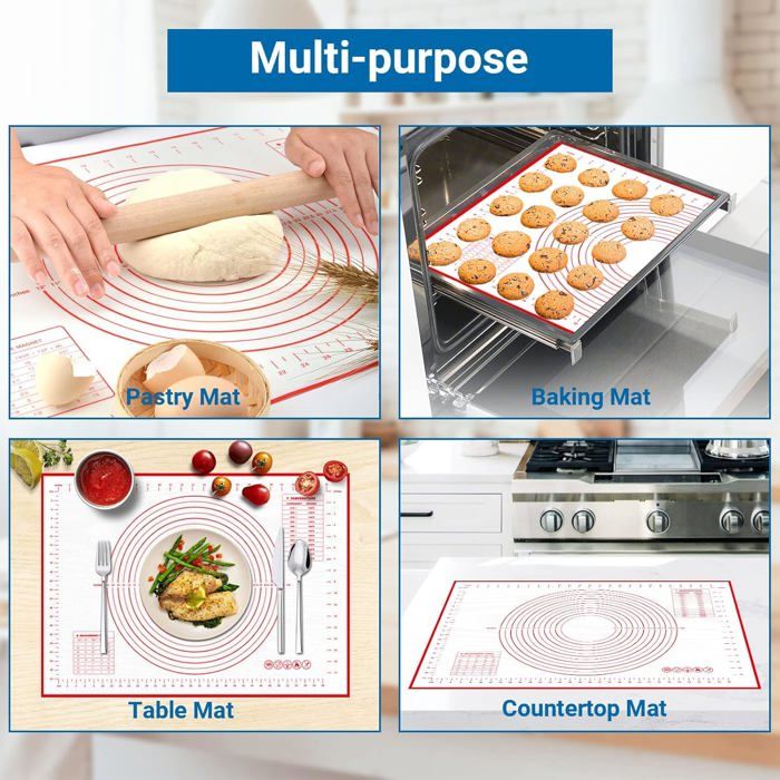 Tapis De Cuisson Pâtisserie Silicone 70x50cm Avec 3 Grattoirs - Anti-Adhésif Réutilisable Mesures Incluses