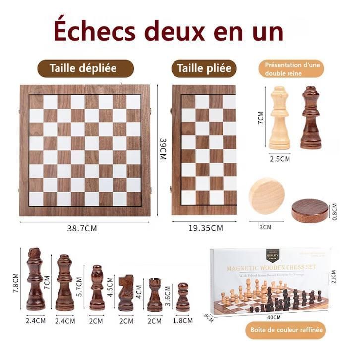 Jeu D'échecs 2 En 1 Magnétique En Bois Pliable - Damier Et échecs, Rangement Intégré, Voyage, 39x39 Cm